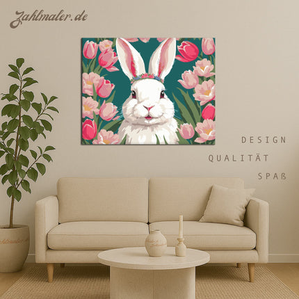 Hase mit Blumen zwischen Tulpen | Malen nach Zahlen-Zahlmaler.de