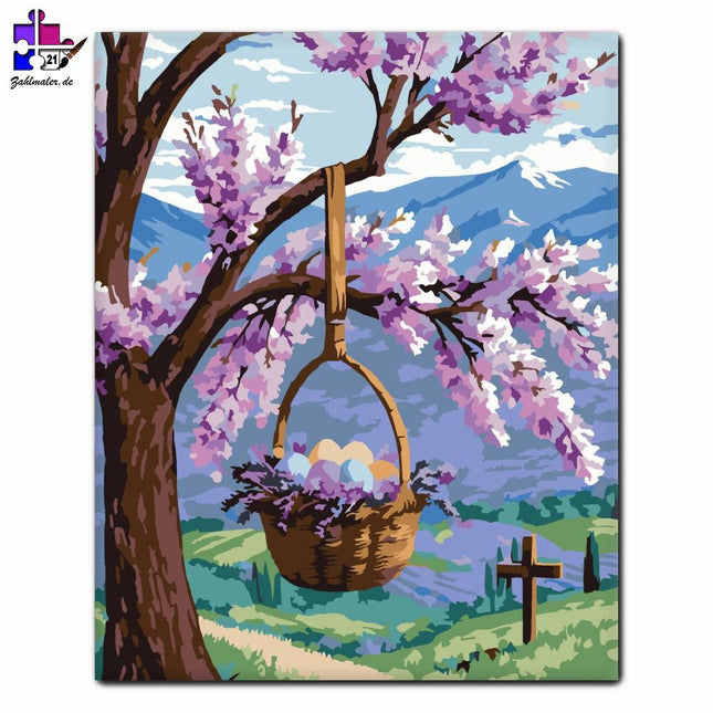 Osterkorb auf blühendem Zweig | Malen nach Zahlen-Zahlmaler.de