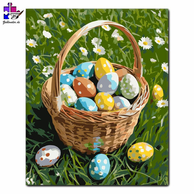 Osterkorb mit bunten Eiern und Margareten | Malen nach Zahlen-Zahlmaler.de