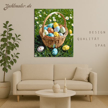 Osterkorb mit bunten Eiern und Margareten | Malen nach Zahlen-Zahlmaler.de