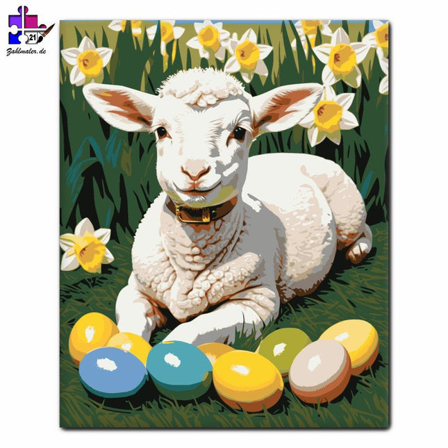 Lamm mit bunten Ostereiern | Malen nach Zahlen-Zahlmaler.de
