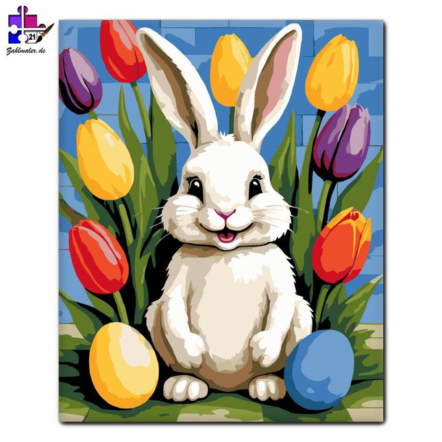 Lächelnder Hase mit Tulpen | Malen nach Zahlen-Zahlmaler.de
