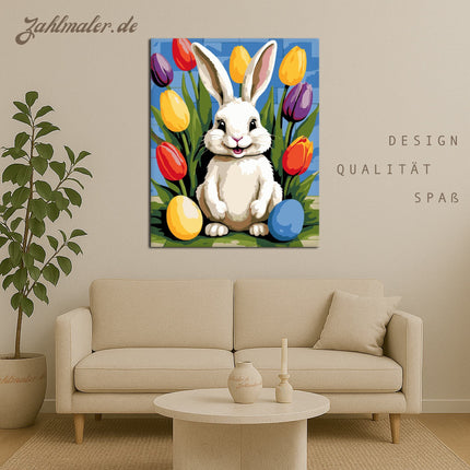 Lächelnder Hase mit Tulpen | Malen nach Zahlen-Zahlmaler.de