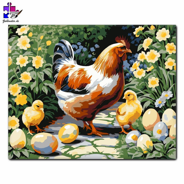 Hühner und Küken im Ostergarten | Malen nach Zahlen-Zahlmaler.de