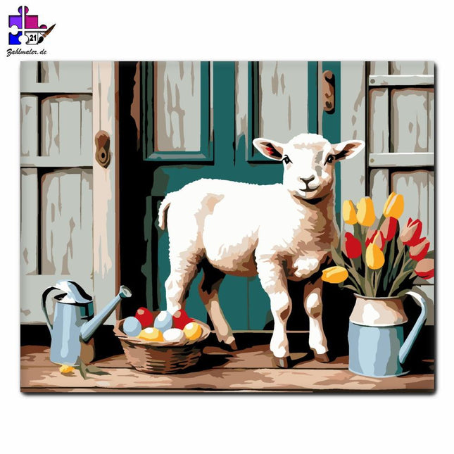 Lamm mit Tulpen und Ostereiern | Malen nach Zahlen-Zahlmaler.de