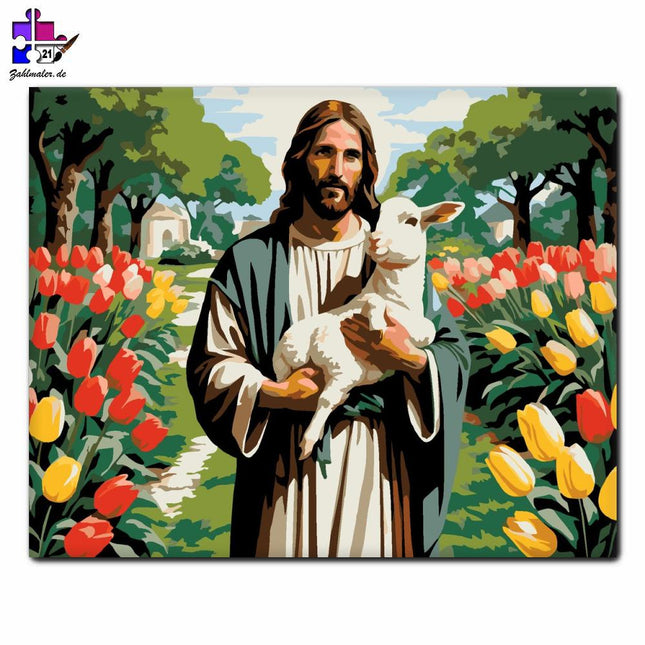 Jesus mit dem Lamm zwischen Tulpen | Malen nach Zahlen-Zahlmaler.de