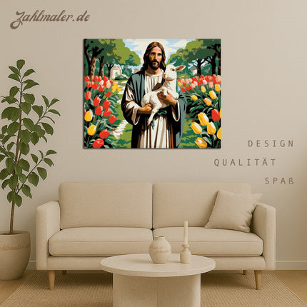 Jesus mit dem Lamm zwischen Tulpen | Malen nach Zahlen-Zahlmaler.de