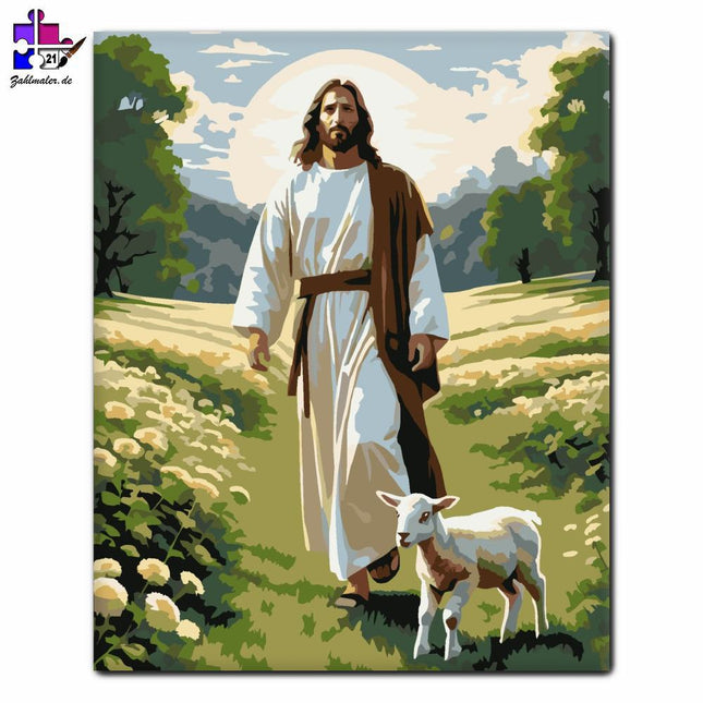 Jesus und das Lamm auf dem Frühlingsfeld | Malen nach Zahlen-Zahlmaler.de
