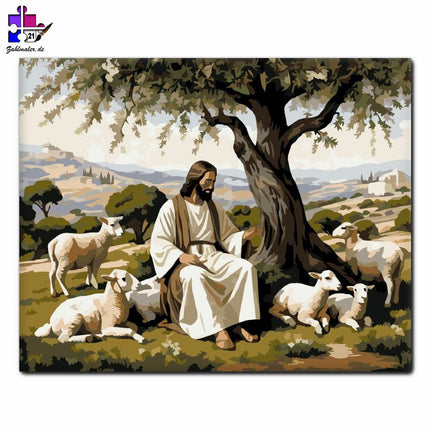 Jesus und die Lämmer unter dem Olivenbaum | Malen nach Zahlen-Zahlmaler.de
