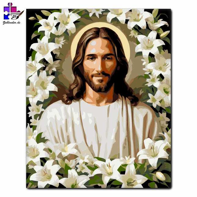 Jesus mit weißen Lilien | Malen nach Zahlen-Zahlmaler.de