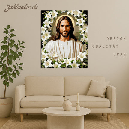 Jesus mit weißen Lilien | Malen nach Zahlen-Zahlmaler.de
