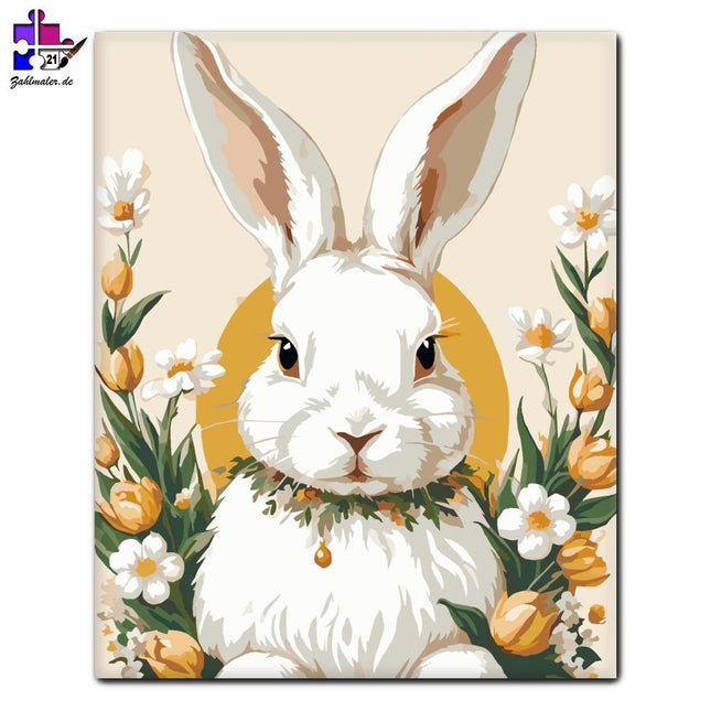 Weißer Hase mit einer Blumengirlande | Malen nach Zahlen-Zahlmaler.de