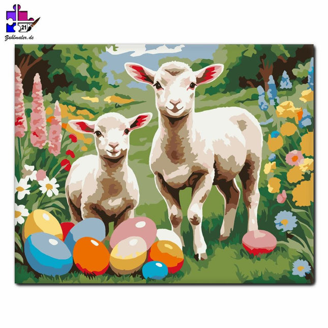 Lämmer und bunte Ostereier | Malen nach Zahlen-Zahlmaler.de