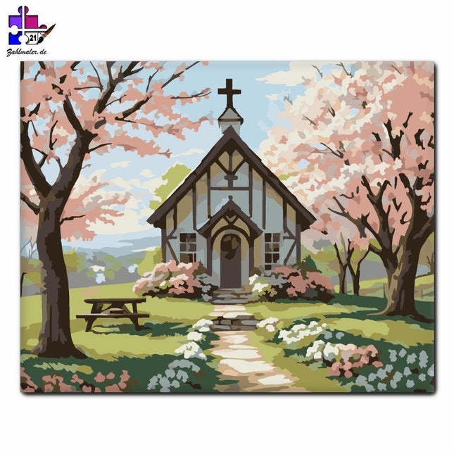 Osterkreuz im blühenden Garten | Malen nach Zahlen-Zahlmaler.de