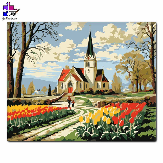 Ostermorgen in der Kirche auf dem Land | Malen nach Zahlen-Zahlmaler.de