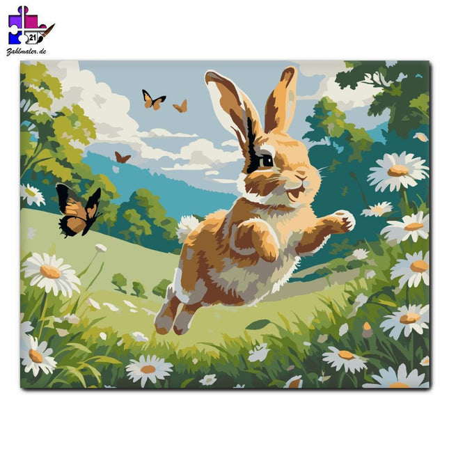 Springendes Kaninchen unter Margareten | Malen nach Zahlen-Zahlmaler.de