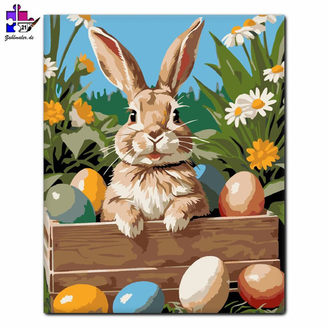 Hasenbaumkiste mit bunten Eiern | Malen nach Zahlen-Zahlmaler.de