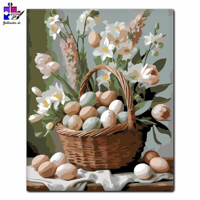 Osterkorb mit Frühlingsblumen | Malen nach Zahlen-Zahlmaler.de