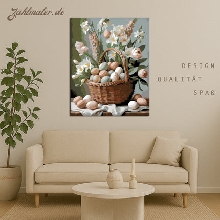 Osterkorb mit Frühlingsblumen | Malen nach Zahlen-Zahlmaler.de
