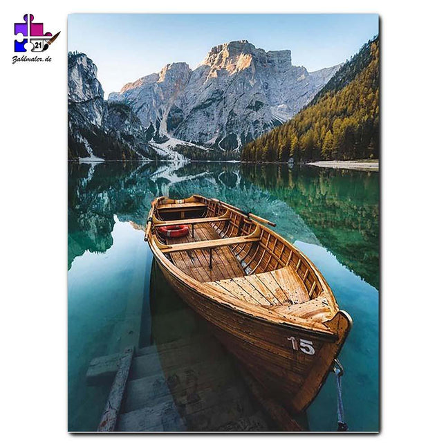 Das Boot am blauen Bergsee | Malen nach Zahlen-Zahlmaler.de
