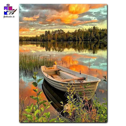 Das Boot in der Idylle mit Sonnenuntergang | Malen nach Zahlen-Zahlmaler.de