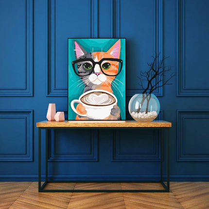 Das bunte Kätzchen trinkt Kaffee | Malen nach Zahlen-Zahlmaler.de