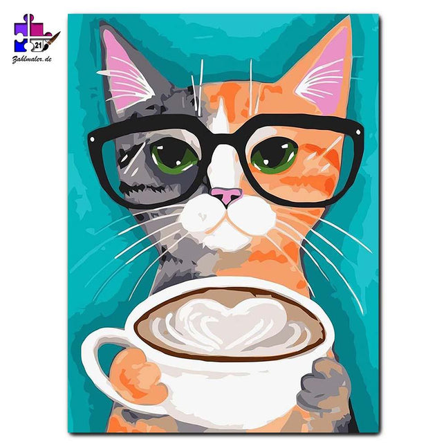 Das bunte Kätzchen trinkt Kaffee | Malen nach Zahlen-Zahlmaler.de