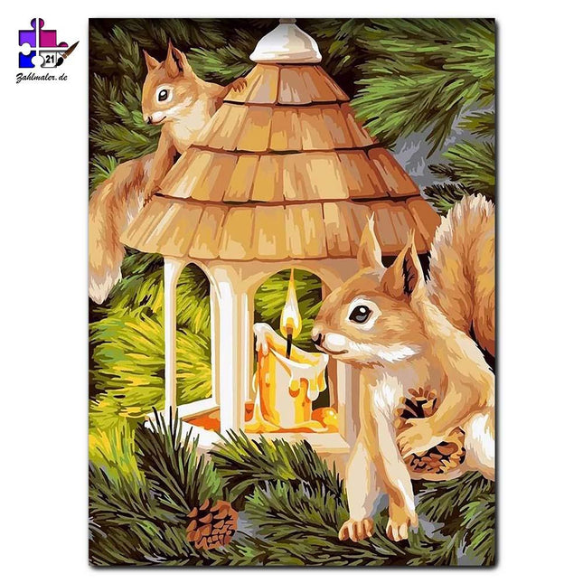 Das Eichhörnchen paar und ihr Haus | Malen nach Zahlen-Zahlmaler.de