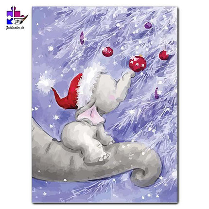 Das Elefantenbaby schmückt den Weihnachtsbaum | Malen nach Zahlen-Zahlmaler.de