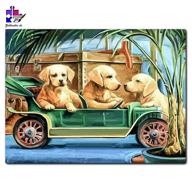 Das Fuhrmobil der drei Welpen | Malen nach Zahlen-Zahlmaler.de