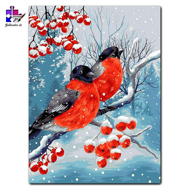 Das Gimpelpaar am Weißdorn | Malen nach Zahlen-Zahlmaler.de