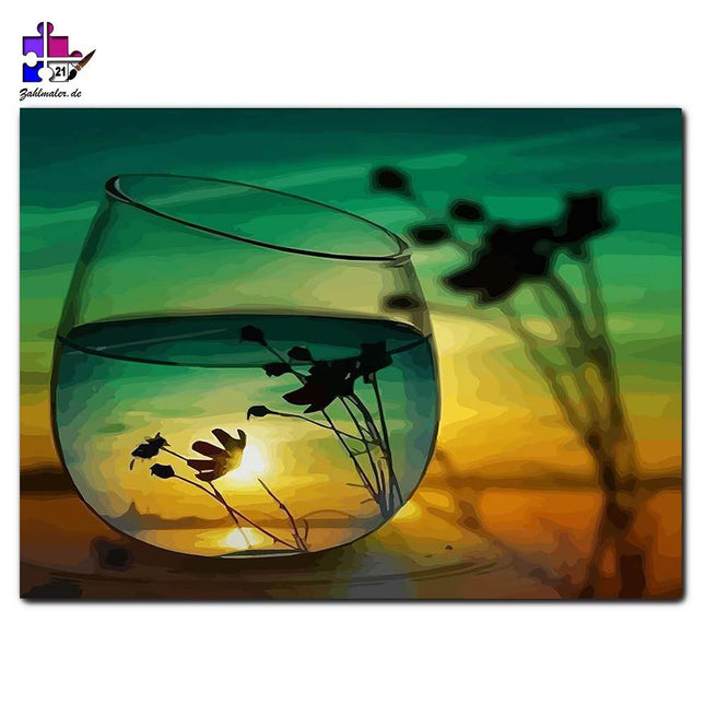 Das Glas Wasser am See - Sonnenuntergang | Malen nach Zahlen-Zahlmaler.de