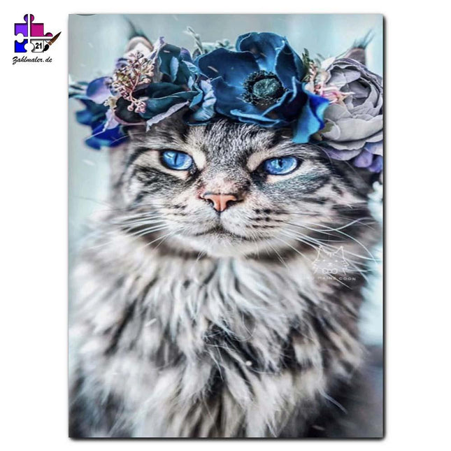 Das Kätzchen mit der blauen Blumenkrone | Malen nach Zahlen-Zahlmaler.de