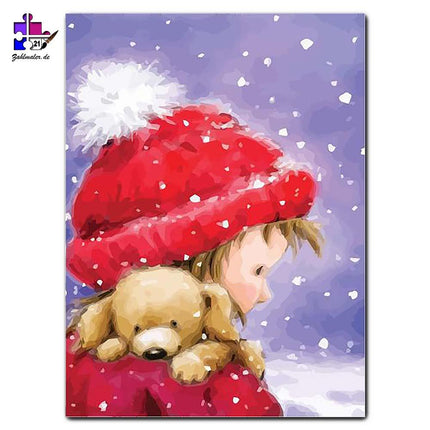 Das kleine Mädchen mit roter Kappe und ihrem Teddy | Malen nach Zahlen-Zahlmaler.de