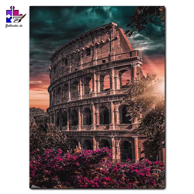Das Kolosseum mit Rosen im Sonnenuntergang | Malen nach Zahlen-Zahlmaler.de