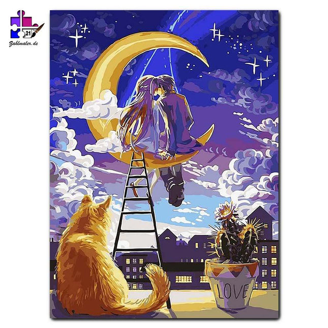 Das Liebespaar am Dach in der Nacht | Malen nach Zahlen-Zahlmaler.de