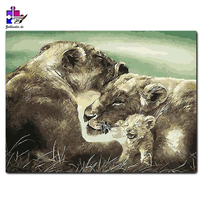 Das Löwenbaby und die Mütter | Malen nach Zahlen-Zahlmaler.de