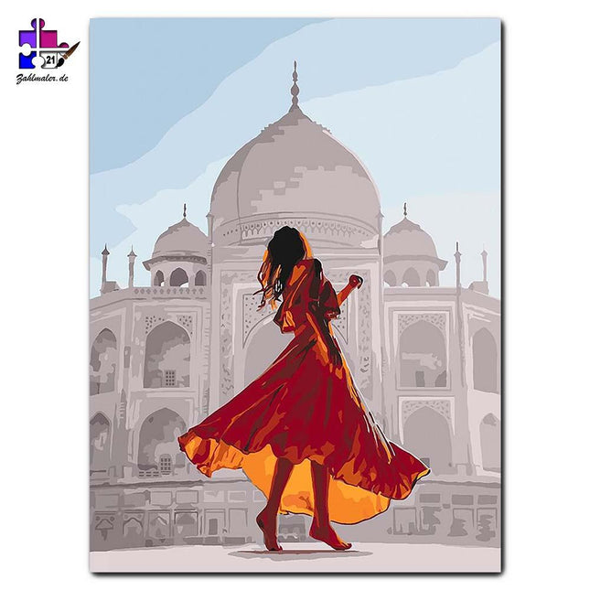 Das Mädchen im roten Kleid vor der Moschee | Malen nach Zahlen-Zahlmaler.de