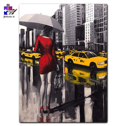 Das rote Mädchen und die Taxis von New York | Malen nach Zahlen-Zahlmaler.de