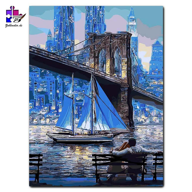 Das Segelschiff unter der Brücke in New York | Malen nach Zahlen-Zahlmaler.de