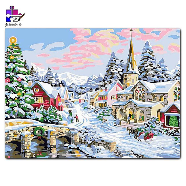 Das verschneite weihnachtliche Dorf | Malen nach Zahlen-Zahlmaler.de