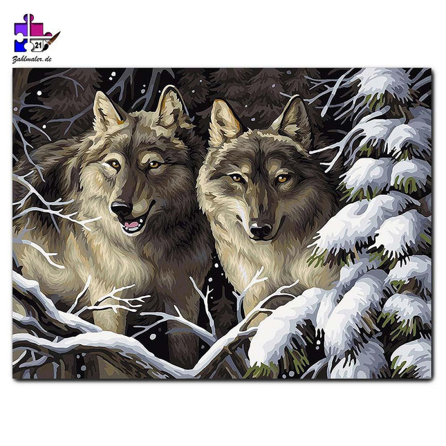 Das Wolfspaar zwischen den Bäumen | Malen nach Zahlen-Zahlmaler.de