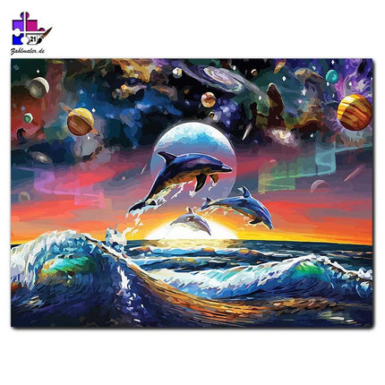 Delfine mit Sonnenuntergang im Kosmos | Malen nach Zahlen-Zahlmaler.de