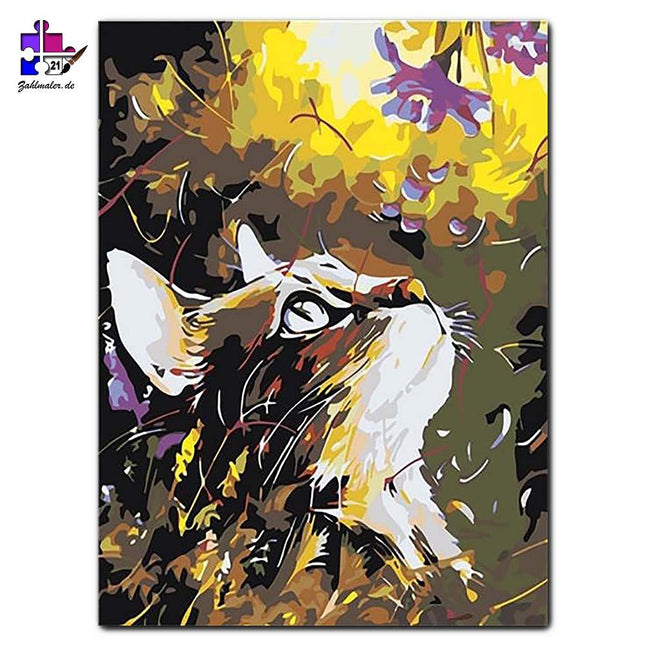 Der Blick der Katze im Wald | Malen nach Zahlen-Zahlmaler.de