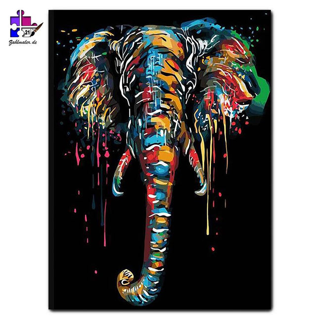 Der bunte Elefant mit schwarzem Hintergrund | Malen nach Zahlen-Zahlmaler.de