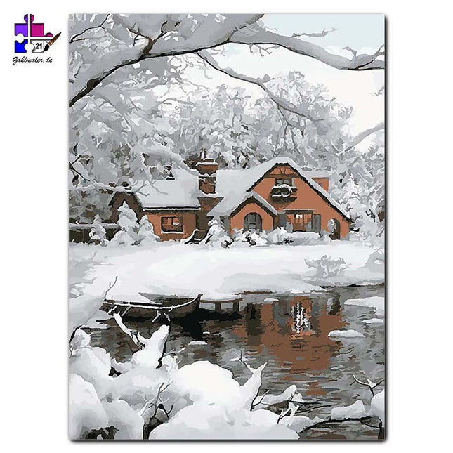 Der Fluss und die beschneite Hütte | Malen nach Zahlen-Zahlmaler.de
