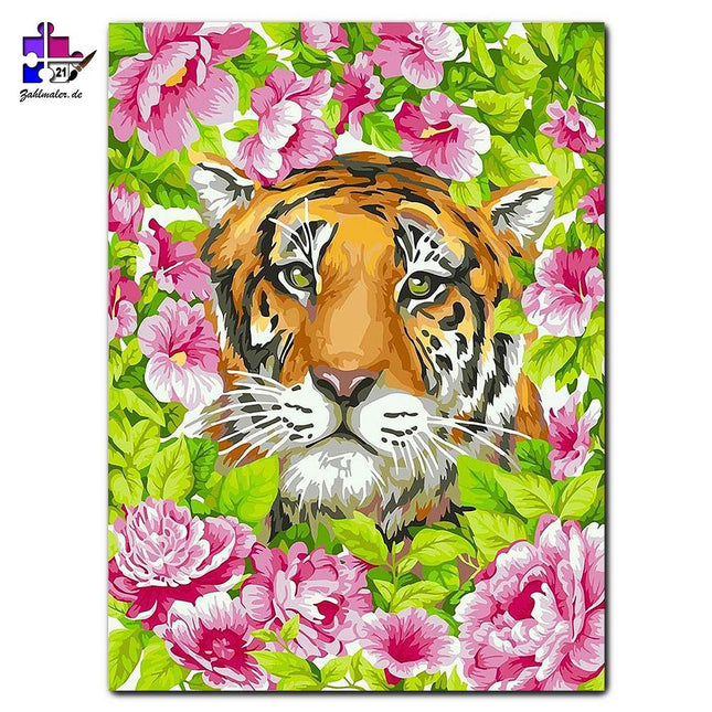 Der friedliche Tiger unter Blumen | Malen nach Zahlen-Zahlmaler.de