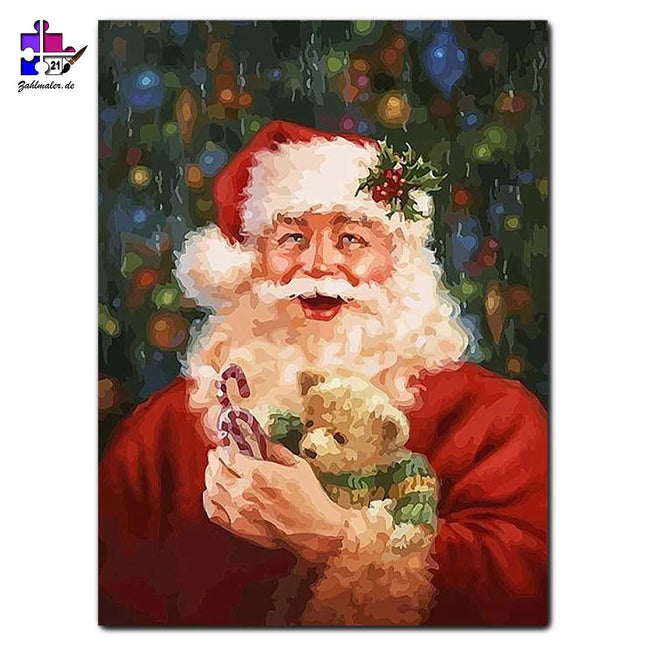 Der frohe Weihnachtsmann und sein Teddybär | Malen nach Zahlen-Zahlmaler.de