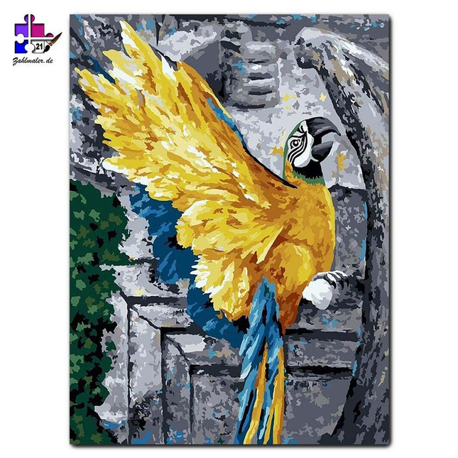 Der gelbe Papagei an der Rüstung | Malen nach Zahlen-Zahlmaler.de