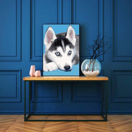 Der kleine Husky auf der blauen Decke | Malen nach Zahlen-Zahlmaler.de